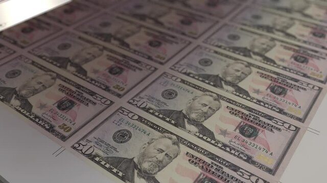 A loop able animation concept image showing solid sheets of printed US dollar notes in the process of a print run