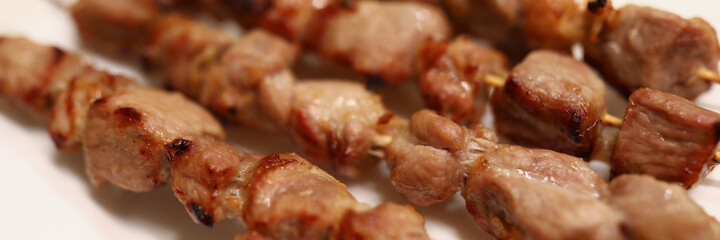 Ready meat on skewers. Food in restaurants and cafe barbecue concept