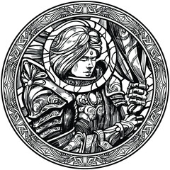 The girl knight with a smile on her face firmly clutches the flag with her hands in iron gloves, she is wearing the heaviest armor with many patterns, a round halo around her head. 2d illustration.