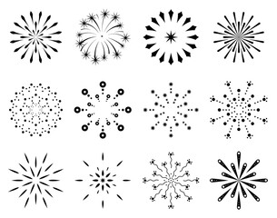 Collection of flat fireworks. Festive sparkles, carnival salutes. Outline firework explosion  elements. Sketch pyrotechnics celebrate stars