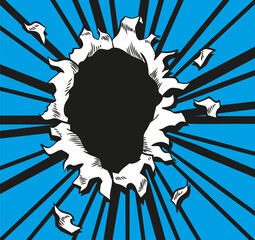 Comic book hole.  paper is torn through boom explosion. Circle hole in the middle on blue background. Comics style cover template or flyer wallpaper © designer_things