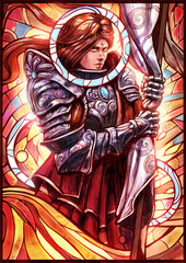 Fototapeta na wymiar The girl knight with a smile on her face firmly clutches the flag with her hands in iron gloves, she is wearing the heaviest armor with many patterns, a round halo around her head. 2d illustration.
