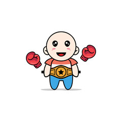 Cute boy character with boxing gloves and champion belt.