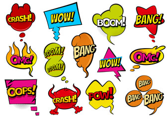 Comic colored hand drawn speech bubbles. Set retro cartoon stickers. Funny design  items illustration. Comic text WOW, boom, bang collection sound effects in pop art style