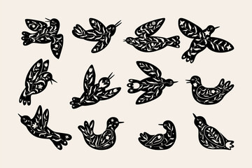FLoral black bird silhouette. Vector scandinvian design
