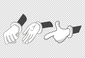 Cartoon hands. Clipart arms in different posesand gesture. Goved hands. Coloring isolated illustration