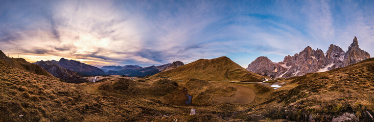 Evening twilight autumn alpine Dolomites mountain scene, Trento,