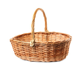 Empty wicker basket isolated on white. Easter item