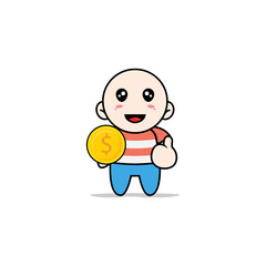 Cute boy character holding a coin.