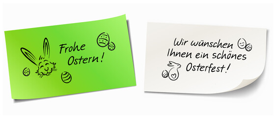Zwei Haftnotizen mit Handschrift, lustigem Osterhasen und Ostereier - 'Frohe Ostern!' und 'Wir wünschen Ihnen ein schönes Osterfest!' - 412864034