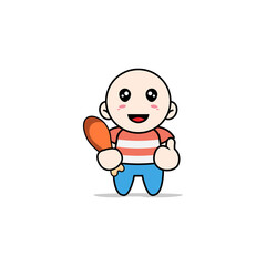 Cute boy character holding a chicken meat.