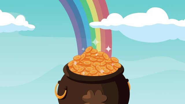 happy saint patricks day animation with rainbow in treasure cauldron