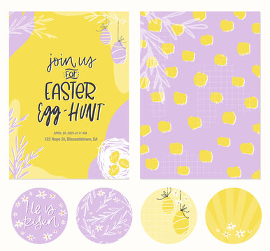 Easter egg hunt invitation template, abstract background and gift tag set for baby or kid party decoration with egg silhouette and spot background. Vector hand drawn graphic.