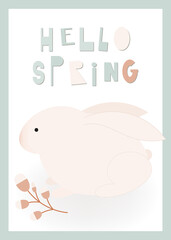 Happy Easter greeting card – Easter bunnies and willow branch. Lettering Hello spring. Vector illustration in retro design.