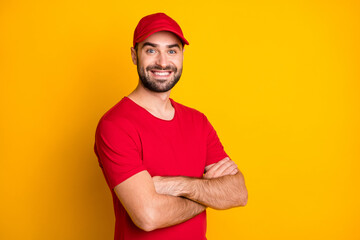 Profile side view portrait of attractive cheerful virile guy mailman folded arms fast shipping...