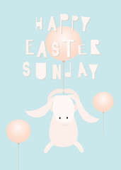 Happy Easter greeting card – Easter bunny flying on a balloon. Lettering Happy Easter sunday. Vector illustration in retro design.
