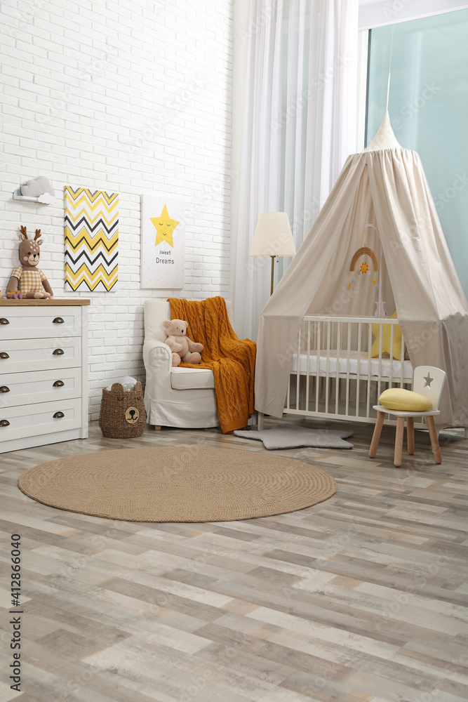 Poster Stylish baby's room with comfortable cot. Interior design