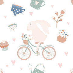 Happy Easter pattern for retro design of wrapping paper – Easter bunny on bike. Seamless vector illustration for packaging. Pattern is cut, no clipping mask.