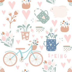 Happy Easter pattern for retro design of wrapping paper – Easter bunny floral background. Seamless vector illustration for packaging. Pattern is cut, no clipping mask.