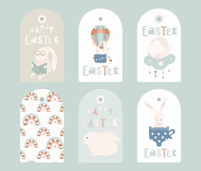 Easter gift tags with Easter bunny, air balloon, rainbow, book. Retro design. Vector illustration. Hang tag is great for packaging gifts.