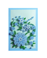 Photo of a postcard from paper quilling with flowers. Isolated on white.