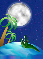 Moon, palm trees, sea, crocodile