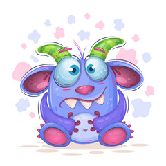 Illustration of a cute horned monster. Positive and unique design. Children's bright illustration. Use the product for printing on clothing, accessories, party decorations, labels and stickers.