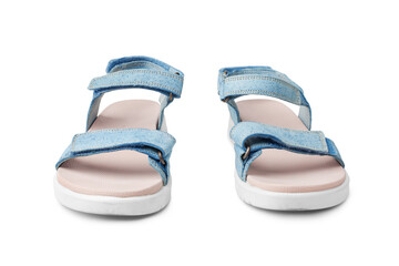 Blue female leather sandals, velcro straps, flat sole white background isolated close up front view, women sandal shoes, pair of fashion summer sandals, two comfortable boots, casual walking footwear
