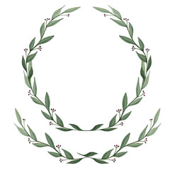 Watercolor illustration of a Laurel wreath of branches. Isolated illustration