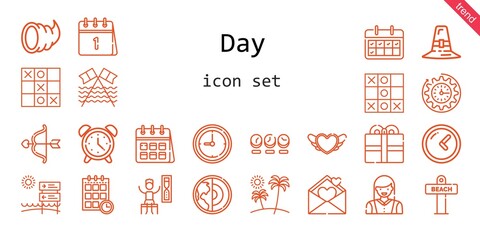 day icon set. line icon style. day related icons such as calendar, alarm clock, woman, clock, pilgrim, heart, cupid, schedule, timer, beach, earth, tic tac toe, love letter, cornucopia, present,
