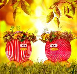 Easter eggs painted, with flowers over spring natural background, retro vintage. 3D illustration