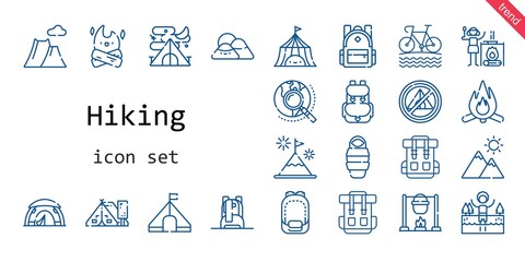 hiking icon set. line icon style. hiking related icons such as tent, mountain, explore, sleeping bag, backpack, rucksack, campfire, bonfire, lake, bike,