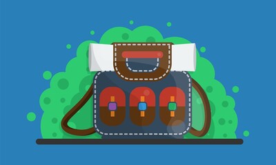 Backpack on the background of nature, forest and vegetation. Vector illustration in flat style