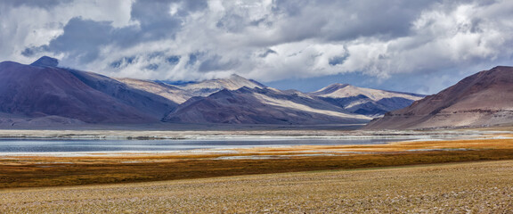 Panorama of Himalayan lake Tso Kar in Himalayas, Ladakh, India