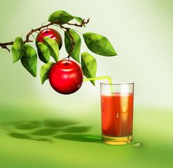 Fresh juice with straw drinking from apple on tree branch. 3D illustration
