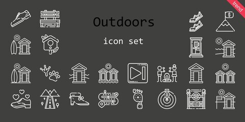outdoors icon set. line icon style. outdoors related icons such as next, goal, bench, subway entrance, cabin, phone box, shoes, smore, footprint, road, bird house, cabins, shoe, foot