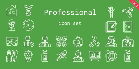 professional icon set. line icon style. professional related icons such as limited time, tennis ball, artist, scientist, flippers, news report, favourite, housekeeping, employee, drone, scissors