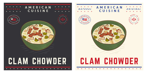 Clam chowder soup classic traditional American cuisine - obrazy, fototapety, plakaty