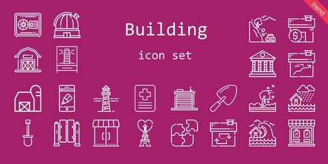 building icon set. line icon style. building related icons such as eiffel tower, app, safebox, lighthouse, shovel, hurricane, store, warehouse, landslide, house, flood, observatory, tsunami