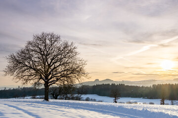 The Hegau mountains at sunset on a winter day