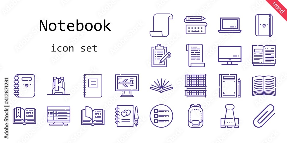 Poster notebook icon set. line icon style. notebook related icons such as keyboard, paper clip, book, scree