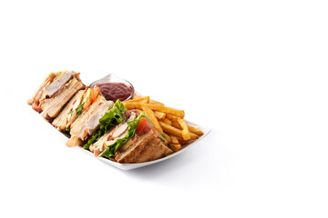 Club sandwich and French fries isolated on white background. Copy space	