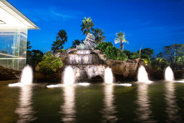 Colourful water fountain at night dark blue skies green palms 