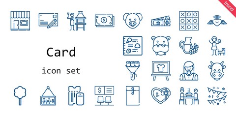 card icon set. line icon style. card related icons such as gift, brick grill, woman, ticket, tree, bouquet, cow, store, girl, menu, korean, garlands, picture, heart, pig, 
