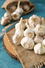 Board with fresh garlic on color background