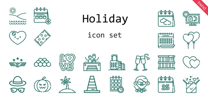 holiday icon set. line icon style. holiday related icons such as gift, calendar, love, suitcase, beach towel, jacuzzi, balloons, air force, box, cone, heart, palm tree, schedule, ball, sale, teacher