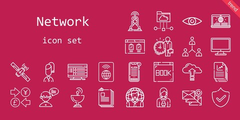 Fototapeta premium network icon set. line icon style. network related icons such as news, antenna, wifi, news reporter, satellite dish, employee, network, computer, security, file, chat, browser, files, currency