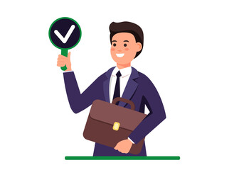 Businessman with correct mark and vote. Cartoon Vector Illustration