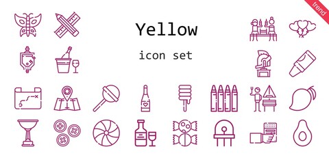yellow icon set. line icon style. yellow related icons such as banana, german, crayon, buttons, candy, balloons, lollipop, pencil, mango, radio, urinal, butterfly, helmet, diode, champagne, sweet
