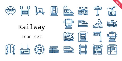 railway icon set. line icon style. railway related icons such as subway, underground, metro, rail, subway entrance, cable car, tram, turnstiles, train, vehicle, transportation,